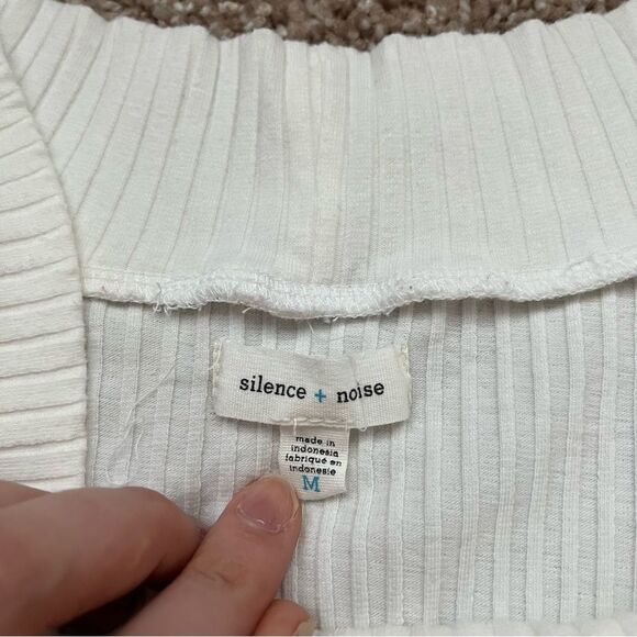 Silence + Noise Off Shoulder Ribbed Mini Bell Sleeve Cropped Fitted Sweater - Picture 9 of 12